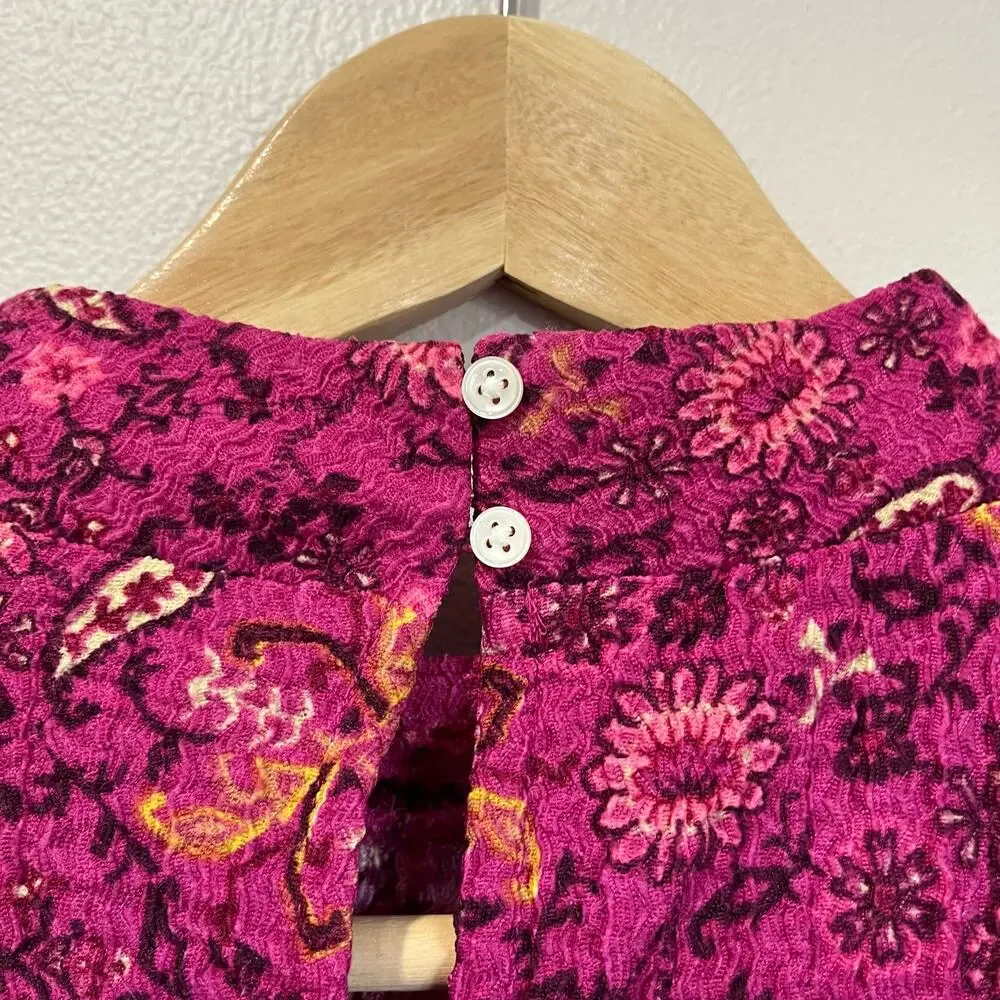 LOFT Floral Print Puff Sleeve Blouse Boho Chic Pink Purple Top Size Large